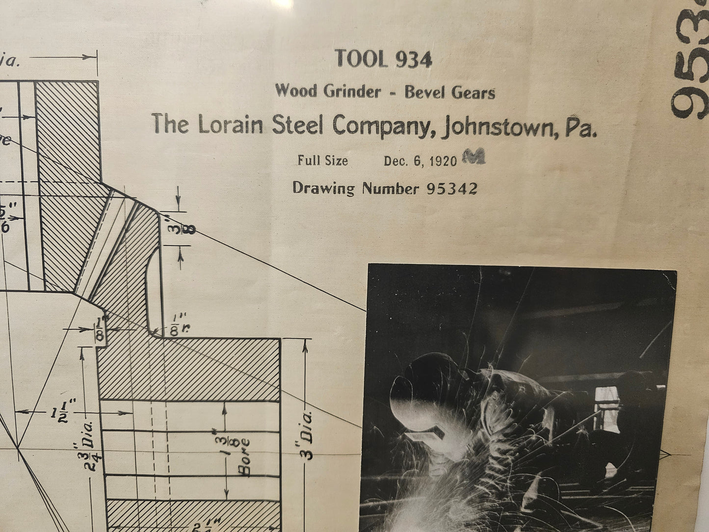95342 Bethlehem Steel wood Grinder Gear Framed original industrial mechanical drawing Steelers artifact wall art